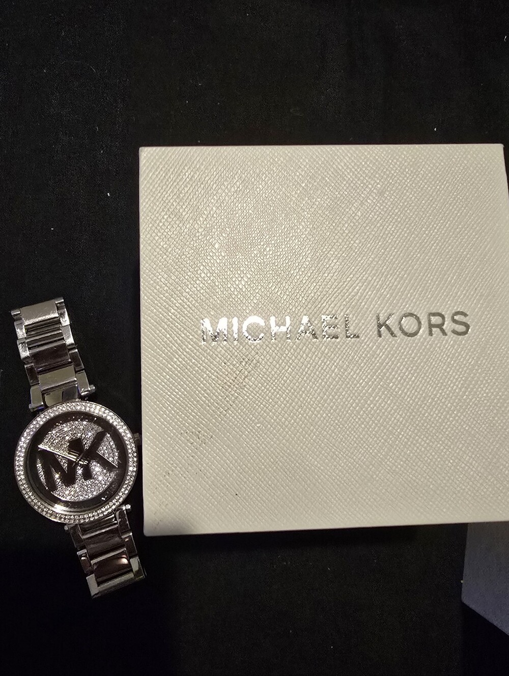 NWT (box) Michael Kors Silver Crystal-Accented MK Logo Bracelet Watch with Box